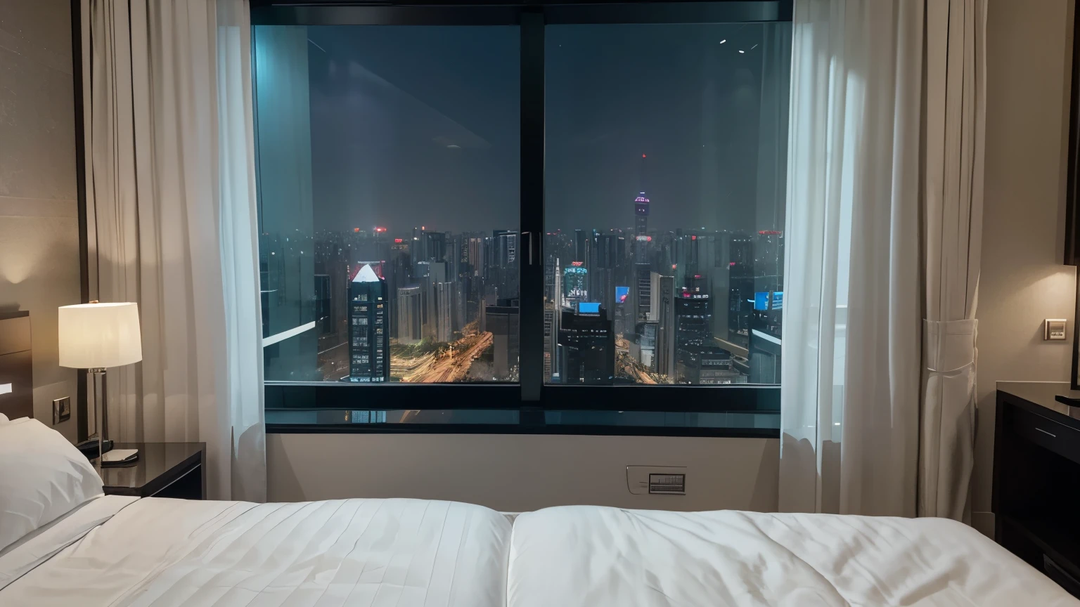 Room, luxury, white modern, hotel, two big bed side of room, far view, large window, futuristic city outside of window, window close, Shanghai, night time, no one, 8k quality, high details, masterpiece