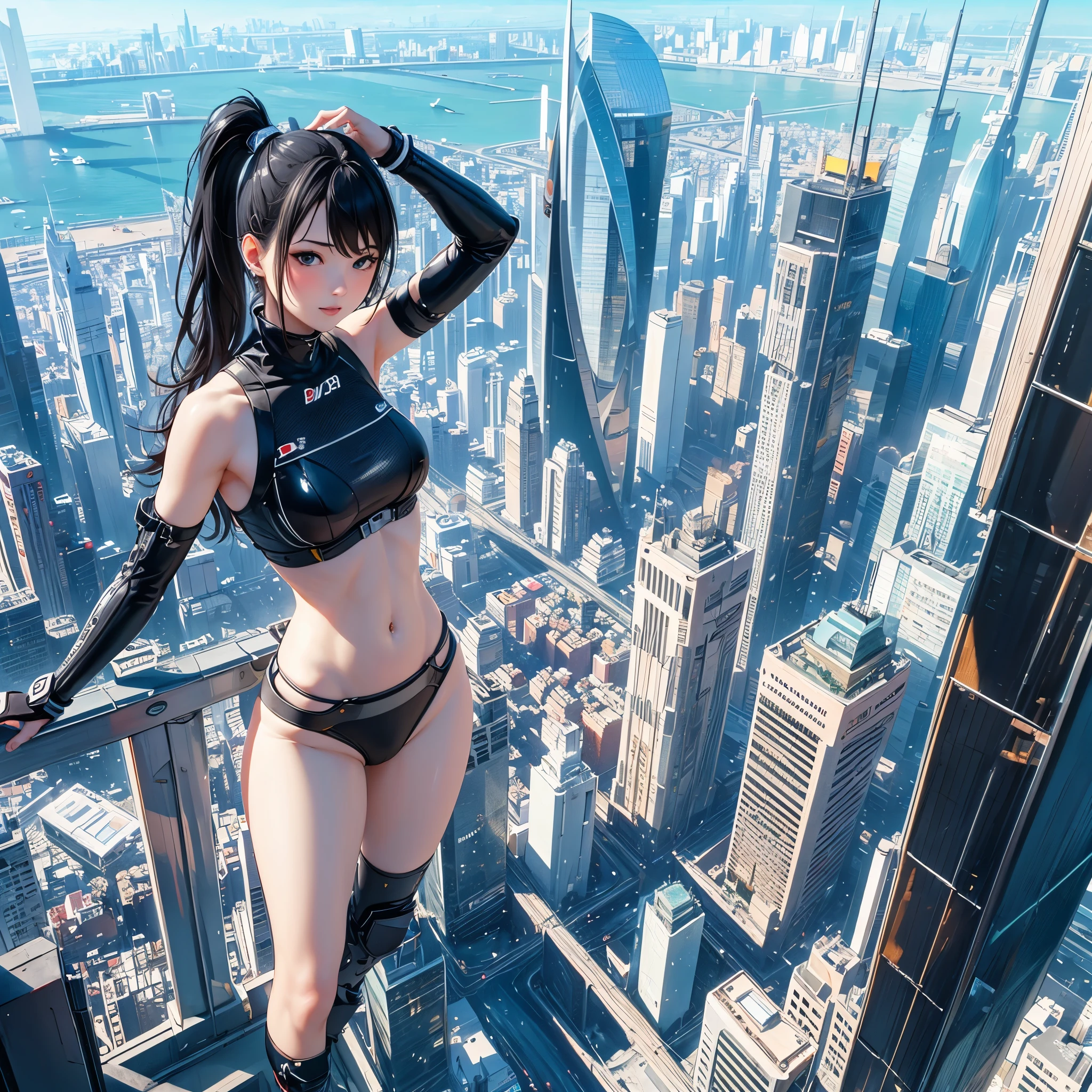 (ultra-detailed, masterpiece:1.2), extremely detailed artwork, best quality, high-resolution, hyper-realistic:1.37, attractive girl, breathtaking leap, background cityscape