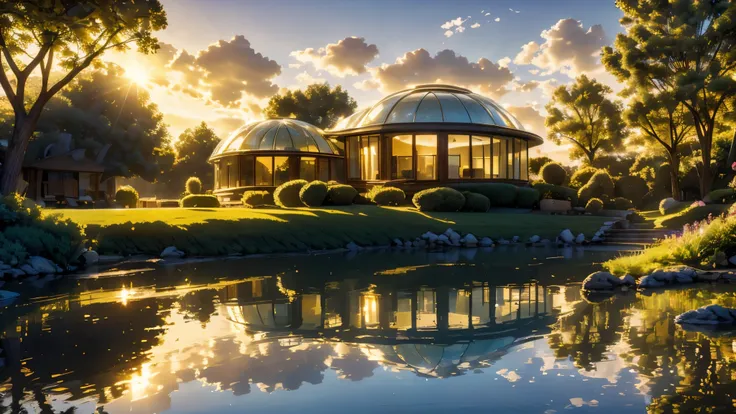 nature view, round clear glass dome house next to the lake, warm, soft sunlight breaks through the clouds in many streaks of gol...