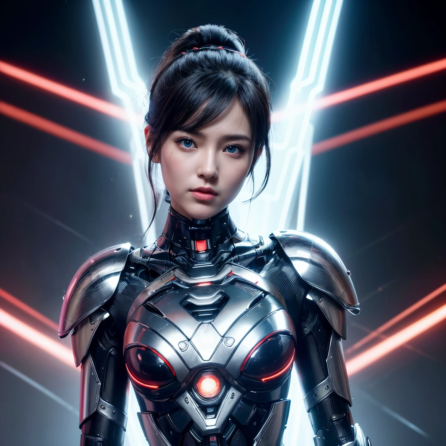 ((hyperrealistic, photorealistic, 8k, intricate detailasterpieceest quality, (Portrait:1.3), full body, ultra-detailed, a hot geisha, expose clitoris, change vulgar armor, fleshy lips, silky skin, cyborechanical limbs), hybrid machine woman, android girl, cyborg queen, robotic goddess, robotic valkyrie, mechanical diva, divine circuits, ex-machina goddess, transhuman maiden, cybernetic goddess, cybernetic eroticism, dynamic angle, standing pose, (1 girl), Heterochromia red and blue eyes, Black ponytail hair, cybernetic micro armor, neck body mechanisms, gorgeous beautiful face, red orbs lighting power, multicolored neon cloud, neon twilight, cybernetic city, broken city background