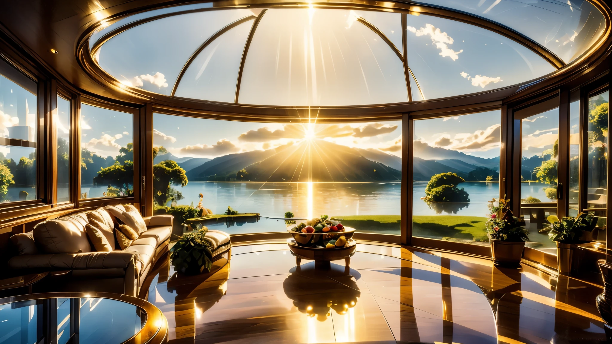 Nature view, Round clear glass dome house next to the lake, warm, Soft sunlight breaks through the clouds in many streaks of golden light., The light hits the lake and reflects off small waves., The wind blows softly and comfortably. , There are small fruits and vegetables around the house., sun light, bright blue sky White clouds, golden sun