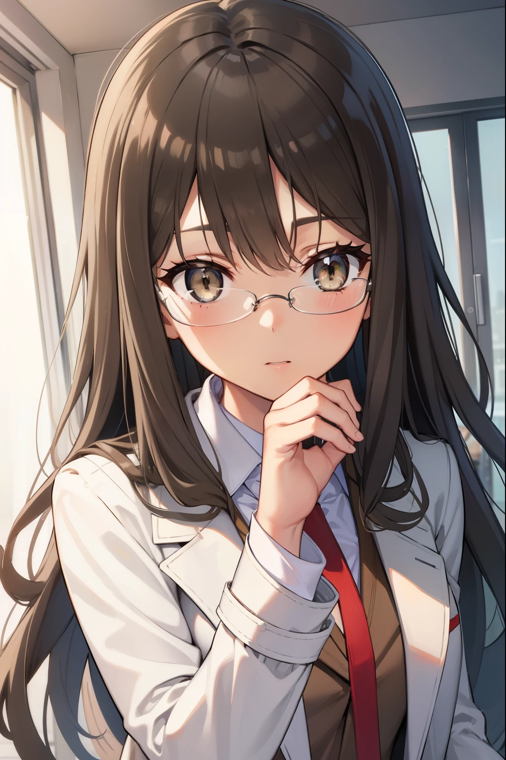 riofutaba, rio futaba, black-framed eyewear, (brown eyes:1.7), glasses, (grey hair:1.2), hair between eyes, over-rim eyewear, semi-rimless eyewear, long hair, sidelocks,
BREAK blazer, blue skirt, brown jacket, coat, collared shirt, jacket, lab coat, long sleeves, miniskirt, necktie, open clothes, open coat, pleated skirt, red necktie, school uniform, shirt, skirt, undershirt, (white coat:1.5), white shirt,
BREAK looking at viewer,
BREAK indoors, classroom,
BREAK (masterpiece:1.2), best quality, high resolution, unity 8k wallpaper, (illustration:0.8), (beautiful detailed eyes:1.6), extremely detailed face, perfect lighting, extremely detailed CG, (perfect hands, perfect anatomy),