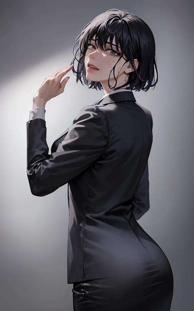 (view from back) woman Lying on stomach with hands propping up head, (shirt, tie, pants:0.5) (detailed realistic face), (((hyperdetailed))), zoomed out, symmetrical face, detailed pupil, expressive eyes, makeup, real photography, modern look, Real photography (Realisitc:1.5), han Sooyoung, tears, disbelief, crying, short hair