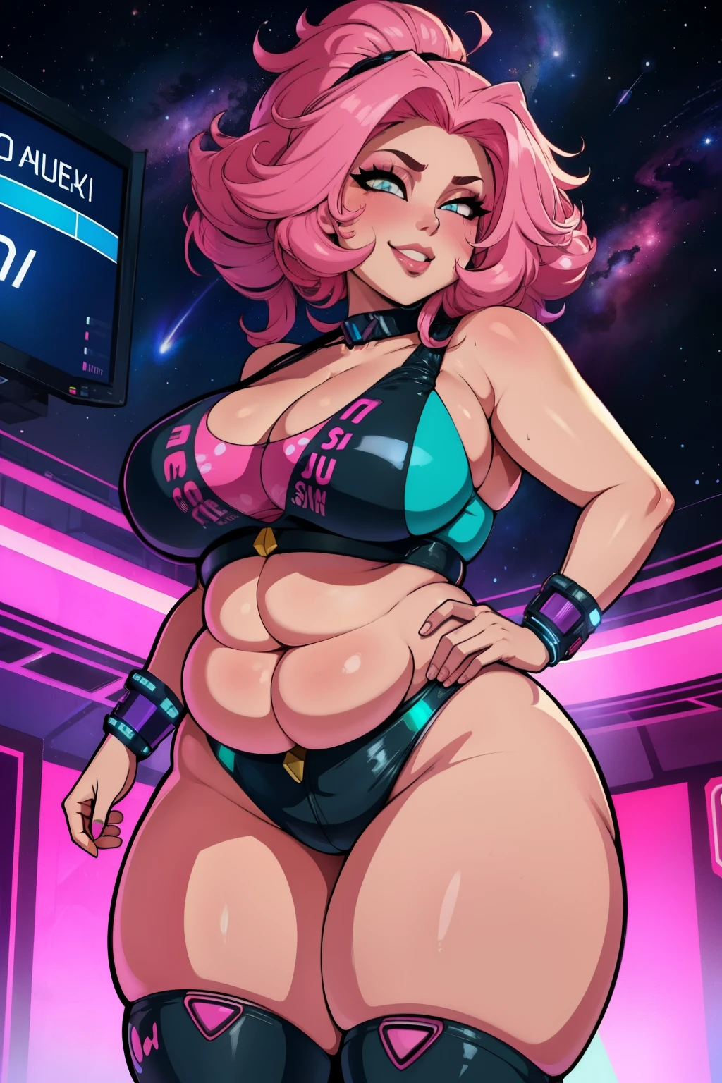 Obese women,, pink hair,dancing,
bikini, cyber punk. 
smile,  sexy,night club,   
performer, space,  milky way,
 (Extremely detailed, beautiful detailed face,masterpiece, highest quality)  