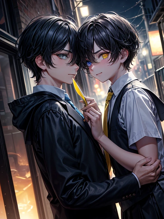 (masterpiece), best quality, high quality, dynamic light, (a boy and a boy facing each other:1.3), upper body, /(boy1/), (sadistic eyes, smirking, holding knife in hand), /(boy2/), (school uniform, (blue tie), (heterochromia), (blue left eye, yellow right eye:1.1), serious face, (glowing yellow eye), (hairstyle: straight), black hair, middle hair, (hair covers the eye:1.2)), night sky, dark alley, horror, from side, side view