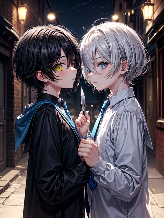 (masterpiece), best quality, high quality, dynamic light, (a boy and a boy facing each other:1.3), upper body, /(boy1/), (sadistic eyes, smirking, holding knife in hand), /(boy2/), (school uniform, (blue tie), (heterochromia), (blue left eye, yellow right eye:1.1), serious face, (glowing yellow eye), (hairstyle: straight), black hair, middle hair, (hair covers the eye:1.2)), night sky, dark alley, horror, from side, side view