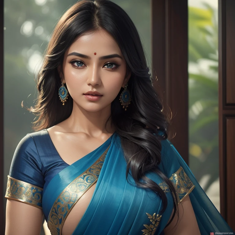 Women in blue saree, deep neck blouse, heavy boobs, deep navel, Miki Asai Macro photography, close-up, hyper detailed, trending on artstation, sharp focus, studio photo, intricate details, highly detailed, by greg rutkowski