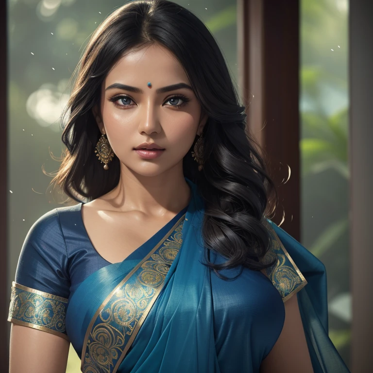 Women in blue saree, deep neck blouse, heavy boobs, deep navel, Miki Asai Macro photography, close-up, hyper detailed, trending on artstation, sharp focus, studio photo, intricate details, highly detailed, by greg rutkowski
