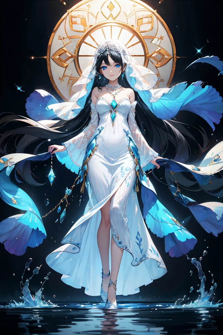 wrenchfaeflare, glowing, 1girl, embroidery, accessories, necklace, earrings, geometric pattern, white theme, white dress, light smile, black hair, veil, blue eyes, reflection, water, gem, long hair, floating hair,