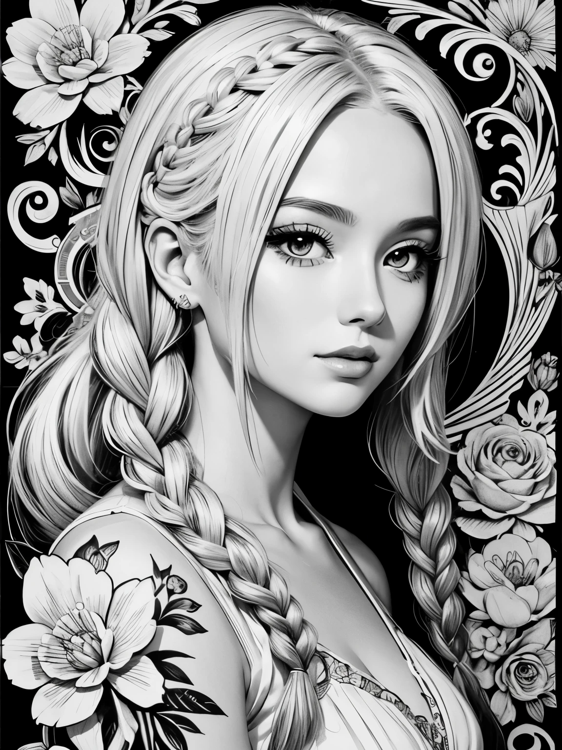 Black and white stick figure, full body shot, one ultra hot gorgeous european woman, age 23, blonde braided hair,  lots of flowers in background, loli in dress with flowers, its fine ink line art, comic style, portrait of ploynesian girl, Marilyn Munroe, Hollywood glam, beautiful line art, black and white comic style, manga style, manga art style, pencil and ink caricature drawing, black and white coloring