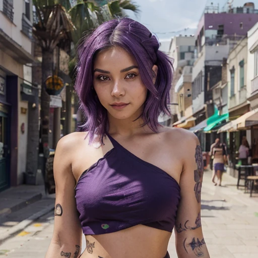 edgy urban mexican girl, ((shoulder length purple hair)), dark green eyes, smile, tasteful tattoos, shiny eyes, ((crop top)), warm color palette, walking towards viewer, urban background with cafe scene, sunny afternoon, wearing bikini, 