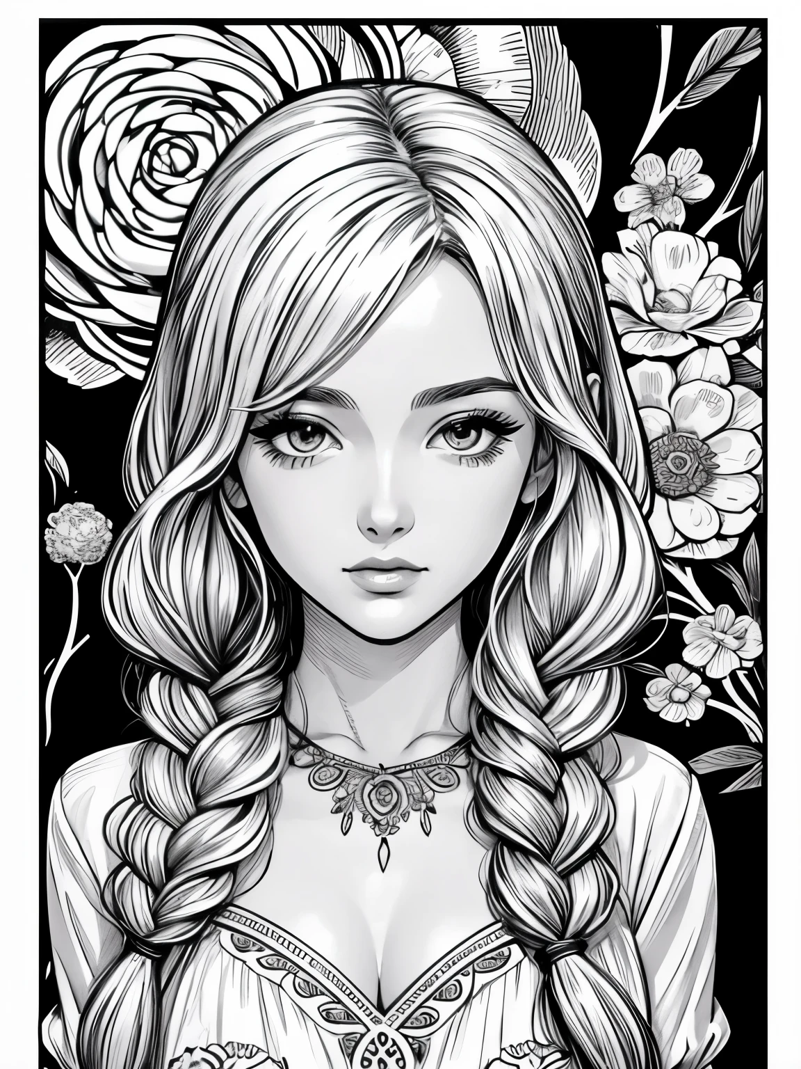 Black and white stick figure, full body shot, one ultra hot gorgeous european woman, age 23, blonde braided hair,  lots of flowers in background, loli in dress with flowers, its fine ink line art, comic style, portrait of ploynesian girl, Marilyn Munroe, Hollywood glam, beautiful line art, black and white comic style, manga style, manga art style, pencil and ink caricature drawing, black and white coloring