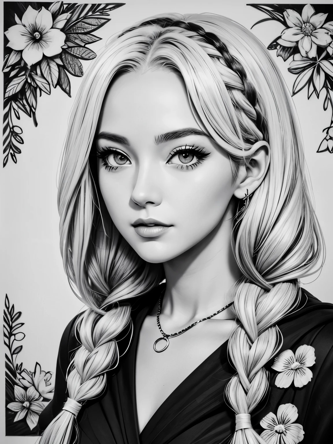 Black and white stick figure, full body shot, one ultra hot gorgeous european woman, age 23, blonde braided hair,  lots of flowers in background, loli in dress with flowers, its fine ink line art, comic style, portrait of ploynesian girl, Marilyn Munroe, Hollywood glam, beautiful line art, black and white comic style, manga style, manga art style, pencil and ink caricature drawing, black and white coloring