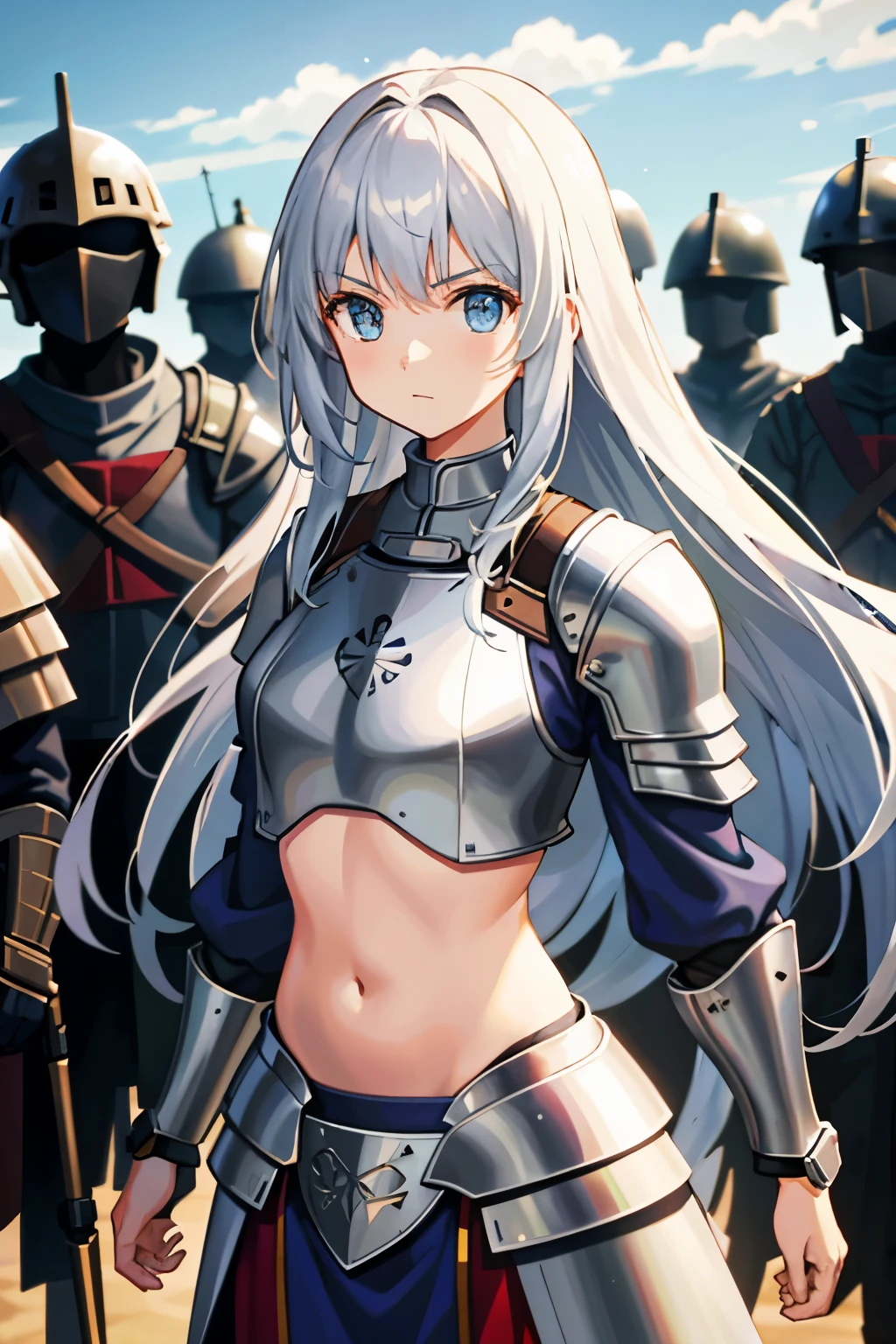 A girl in armor stands in front of a large group of soldiers.、Soldiers of the Middle Ages、girl with belly button exposed、Girl with long silver hair