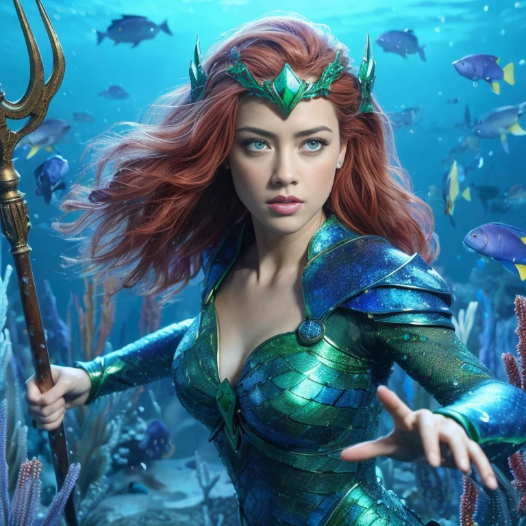 AMBER HEARD mujer hermosa, caucasian, pelo color rojo y largo, ojos claros, mojada, tiara verde, vestida con traje de armadura cuerpo completo color azul y verde con escamas, mera reyna de atlantis, sosteniendo un tridente, in defense position to attack, at the bottom of the ocean among marine fauna, ((Calidad superior, 8k, obra maestra: 1.3)), belleza, AMBER HEARD, Grande: 1.3, Abdominales delgados: 1.1, Textura facial y de piel muy detallada.
