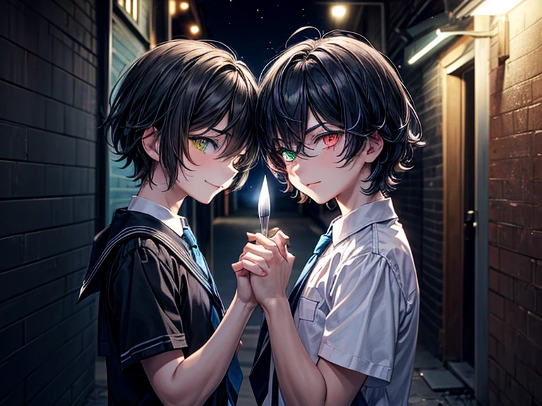 (masterpiece), best quality, high quality, dynamic light, (a boy and a boy facing each other:1.3), upper body, /(boy1/), (sadistic eyes, smirking, holding knife in hand), /(boy2/), (school uniform, (blue tie), (heterochromia), (blue left eye, yellow right eye:1.1), serious face, (glowing yellow eye), (hairstyle: straight), black hair, middle hair, (hair covers the eye:1.2)), night sky, dark alley, horror, from side, side view