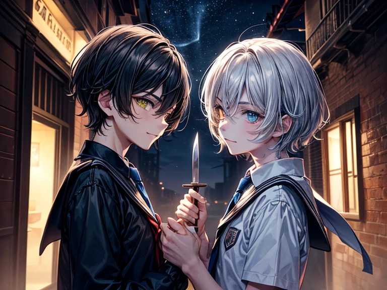 (masterpiece), best quality, high quality, dynamic light, (a boy and a boy facing each other:1.3), upper body, /(boy1/), (sadistic eyes, smirking, holding knife in hand), /(boy2/), (school uniform, (blue tie), (heterochromia), (blue left eye, yellow right eye:1.1), serious face, (glowing yellow eye), (hairstyle: straight), black hair, middle hair, (hair covers the eye:1.2)), night sky, dark alley, horror, from side, side view 