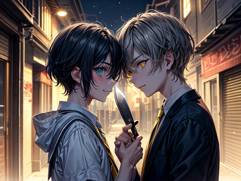 (masterpiece), best quality, high quality, dynamic light, (a boy and a boy facing each other:1.3), upper body, /(boy1/), (sadistic eyes, smirking, holding knife in hand), /(boy2/), (school uniform, (blue tie), (heterochromia), (blue left eye, yellow right eye:1.1), serious face, (glowing yellow eye), (hairstyle: straight), black hair, middle hair, (hair covers the eye:1.2)), night sky, dark alley, horror, from side, side view 