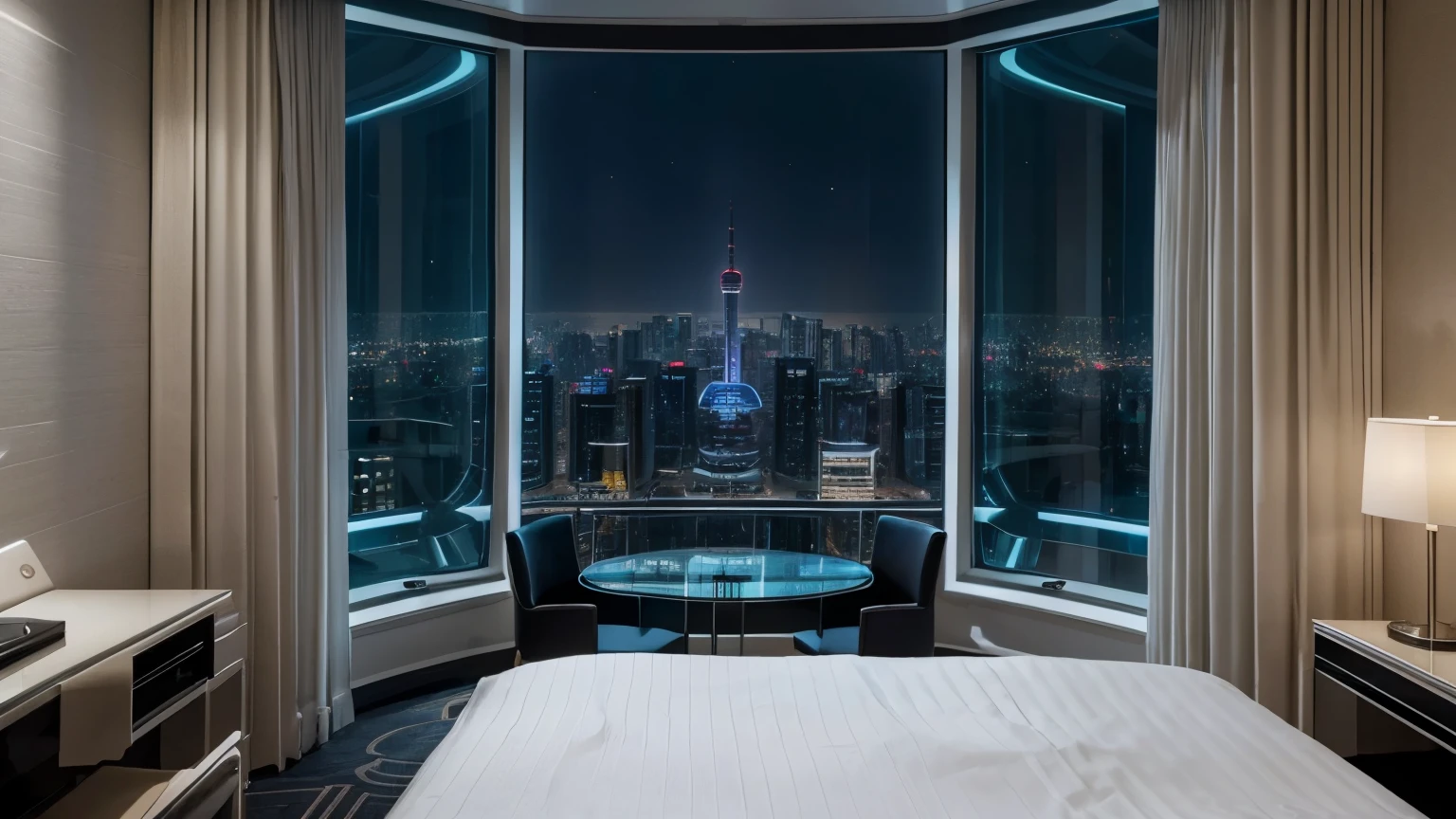 Room, large room, luxury, white modern, hotel, two big bed side of room, far view, large window, futuristic city outside of window, window close, Shanghai, tall building, night time, no one, 8k quality, high details, masterpiece