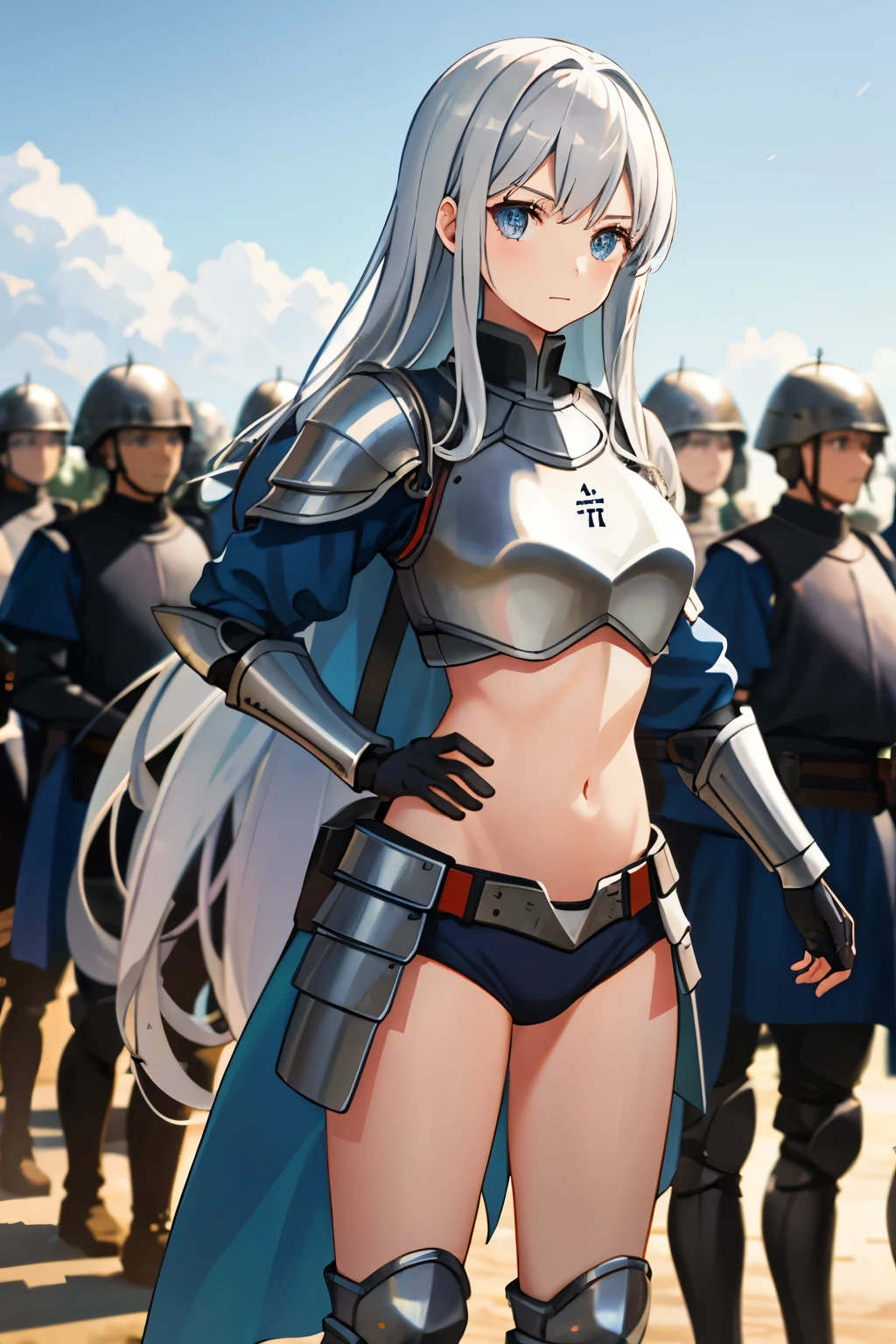 A girl in armor stands in front of a large group of soldiers.、Soldiers of the Middle Ages、girl with belly button exposed、Girl with long silver hair