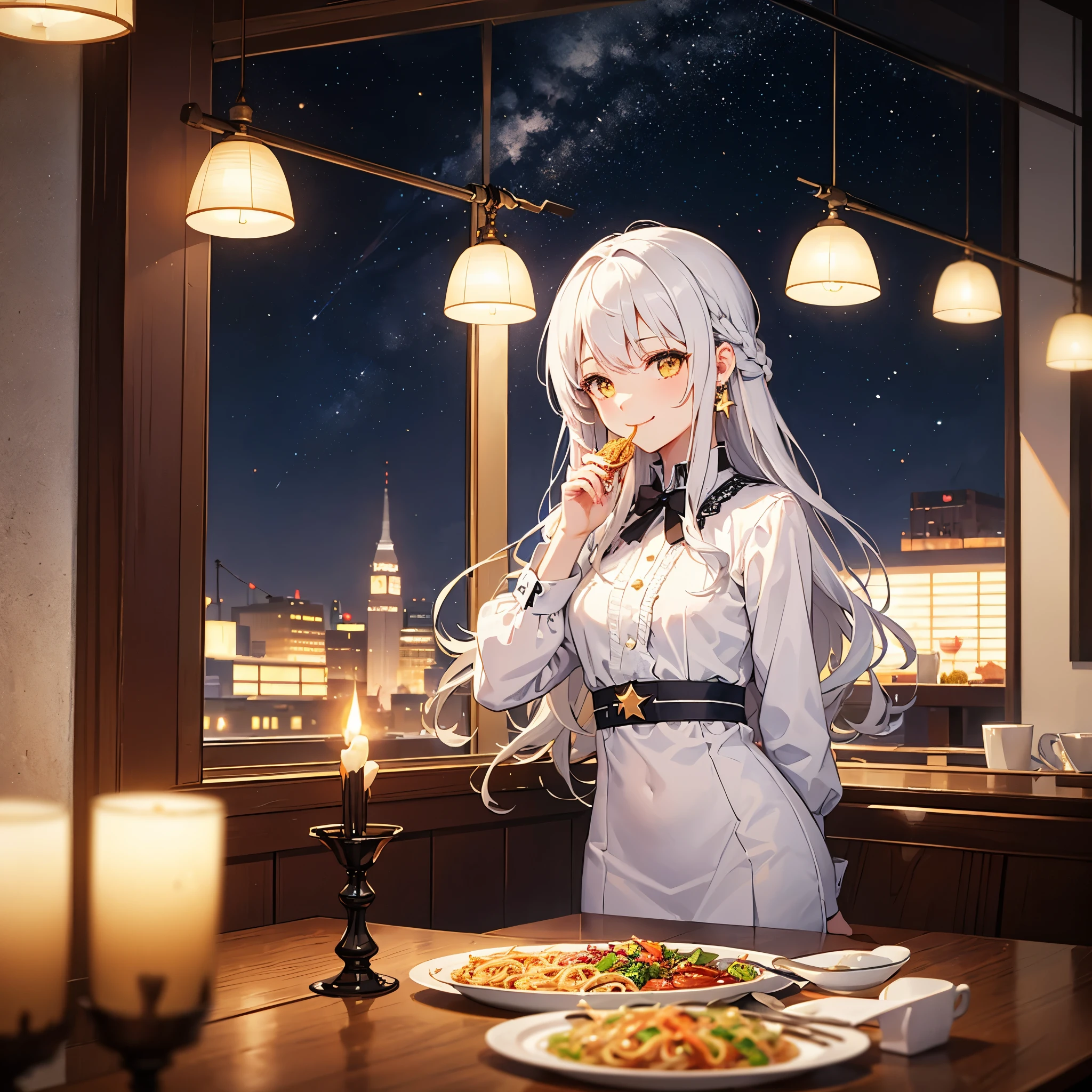 ((best quality)), ((masterpiece)), (detailed), 1 Girl, perfect face, starry night, dramatic nightlamp, eating ramen at restaurant, white blouson dress, smiling, enjoying food, long wavy hair, lace braided hairstyle, gold star earring, white hair, yellow eyes, small breast, bokeh background, cinematic, medium full shot