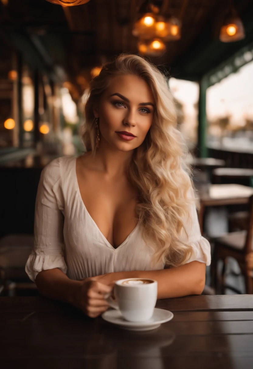 Real sexy blonde hair young 23 year old woman with big breasts having a coffee at the terrace of a bar looking at camera 8k quality photorealistic