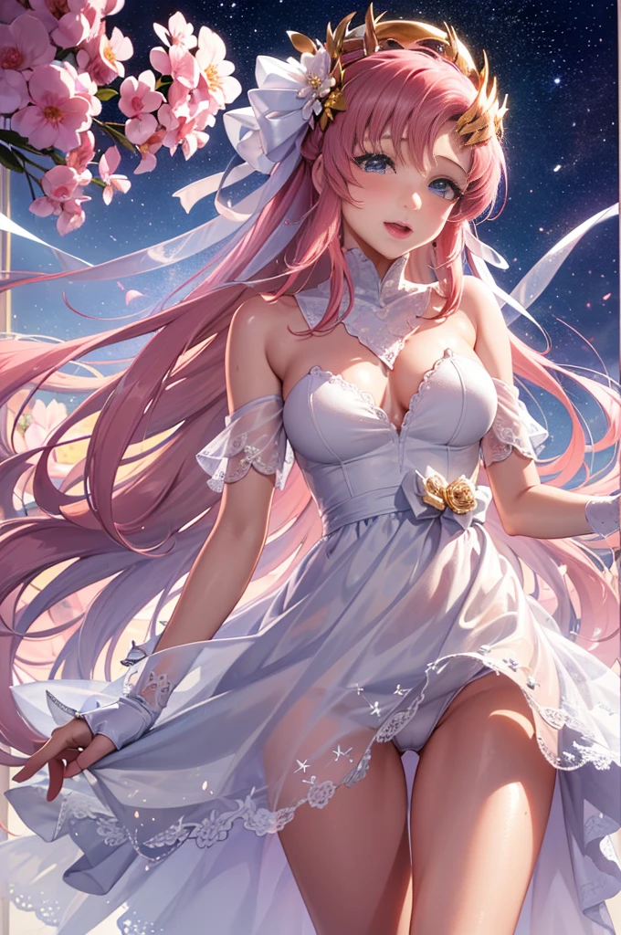 Masterpiece, Lacus Clyne, High resolution, anime poster, Lacus Clyne, (Anime girl, long pink hair, hair ornament, fair skin), white dress, see-through dress, light pink lingerie, Laugh happily and blush, she is floating in weightless space, See here, Armpits, Photographed up close,