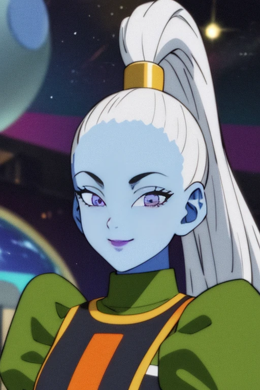 ((masterpiece,best quality)), absurdres,
Vados_DB, solo, ponytail, blue skin, looking at viewer, smile,
stars and space in background, cinematic composition,