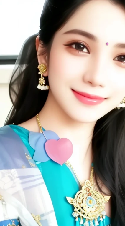 a close up of a woman wearing a blue sari and a gold necklace, with lovely look, cute beautiful, beautiful cute, with beautiful colors, lovely smile, with cute - fine - face, candid picture, with a beautifull smile, beuatiful face, beautiful and smiling, she has a cute face, very attractive and beautiful, she smiling