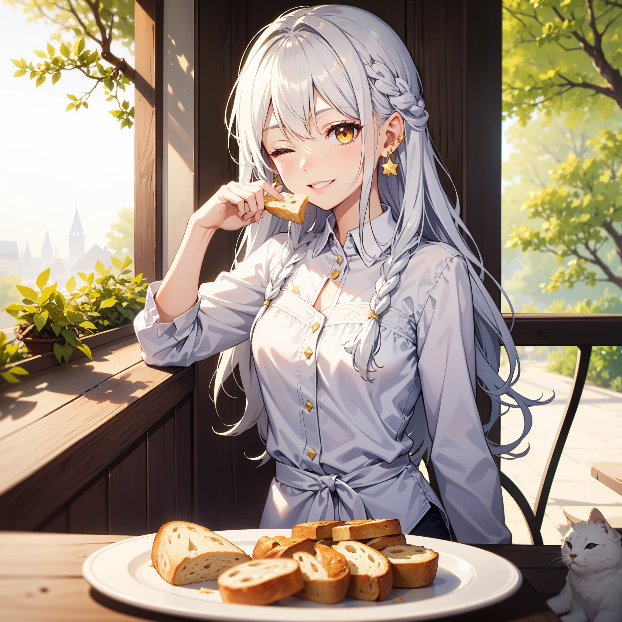 4k, HD, Good detail, Single Girl, perfect face, sunny day, dramatic sun light, eating bread in the villa kitchen, white shirt, wide smile, eyes closed, enjoying food, long wavy hair, lace braided hairstyle, gold star earring, white hair, yellow eyes, small breast, bokeh background, cinematic, medium full shot