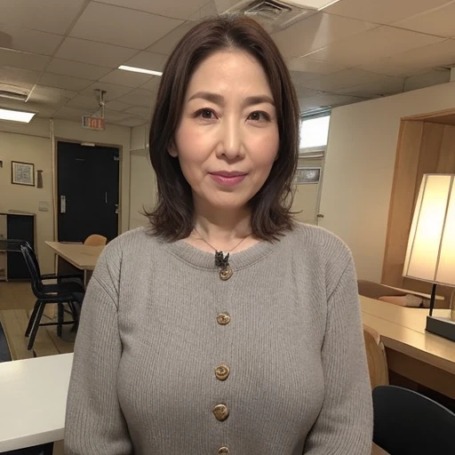 High resolution, High level image quality, high detail, masterpiece, 日本人の50 years old代女優, anatomically correct, sharp, gray background((japanese mature, 50 years old)), solo, ((facial wrinkles)), good shape big breasts, Straight light brown hair that reaches to the shoulders, Chubby body type (((Stand upright, facing the center of the screen.))), Close your mouth and look straight ahead with a serious face, sweater, skirt, ((cowboy shot)),