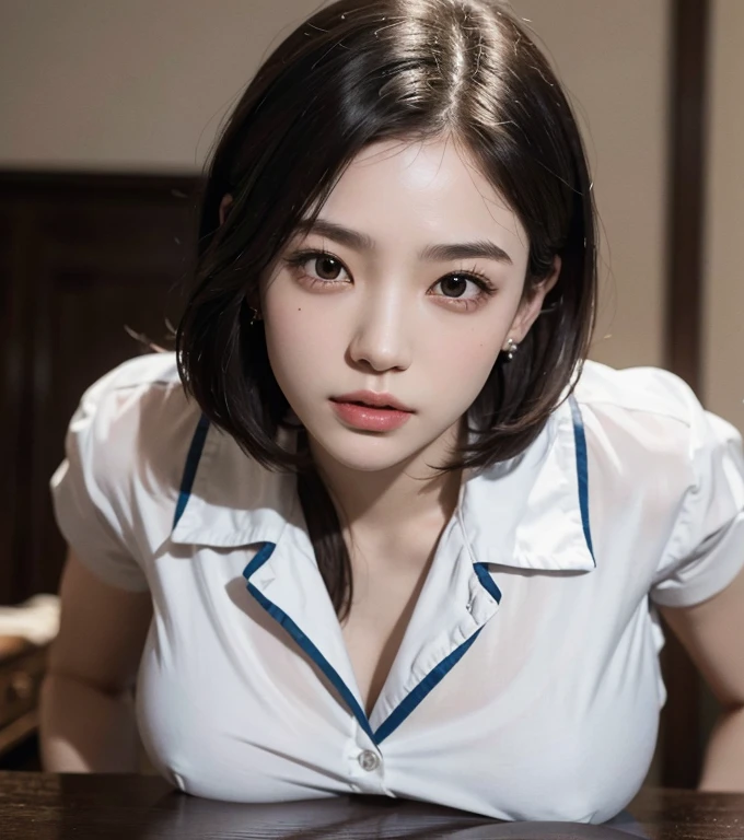 ridiculous, original photo, extremely delicate and beautiful, masterpiece, best quality, ultra high resolution, 16k, hyper-realistic, Super detailed, (perfect anatomy), Super fine skin, Perfect body, Very detailed CG 8k wallpaper, in my 20s, Very slim figure, Willow Yao, The head small, The face small, Exquisite facial features, tear nevus, earrings, thin legs, (Very huge round cow body shot), medium short hair, 2 girls, (((Uniforms))),
