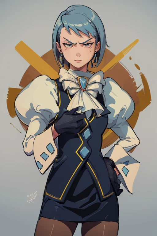 (masterpiece, best quality:1.2), cowboy shot, solo, 1girl, aafranziska, unamused, looking at viewer, hand on hip, blue hair, ascot, puffy sleeves, pencil skirt, pantyhose, black gloves, jewelry, earrings 