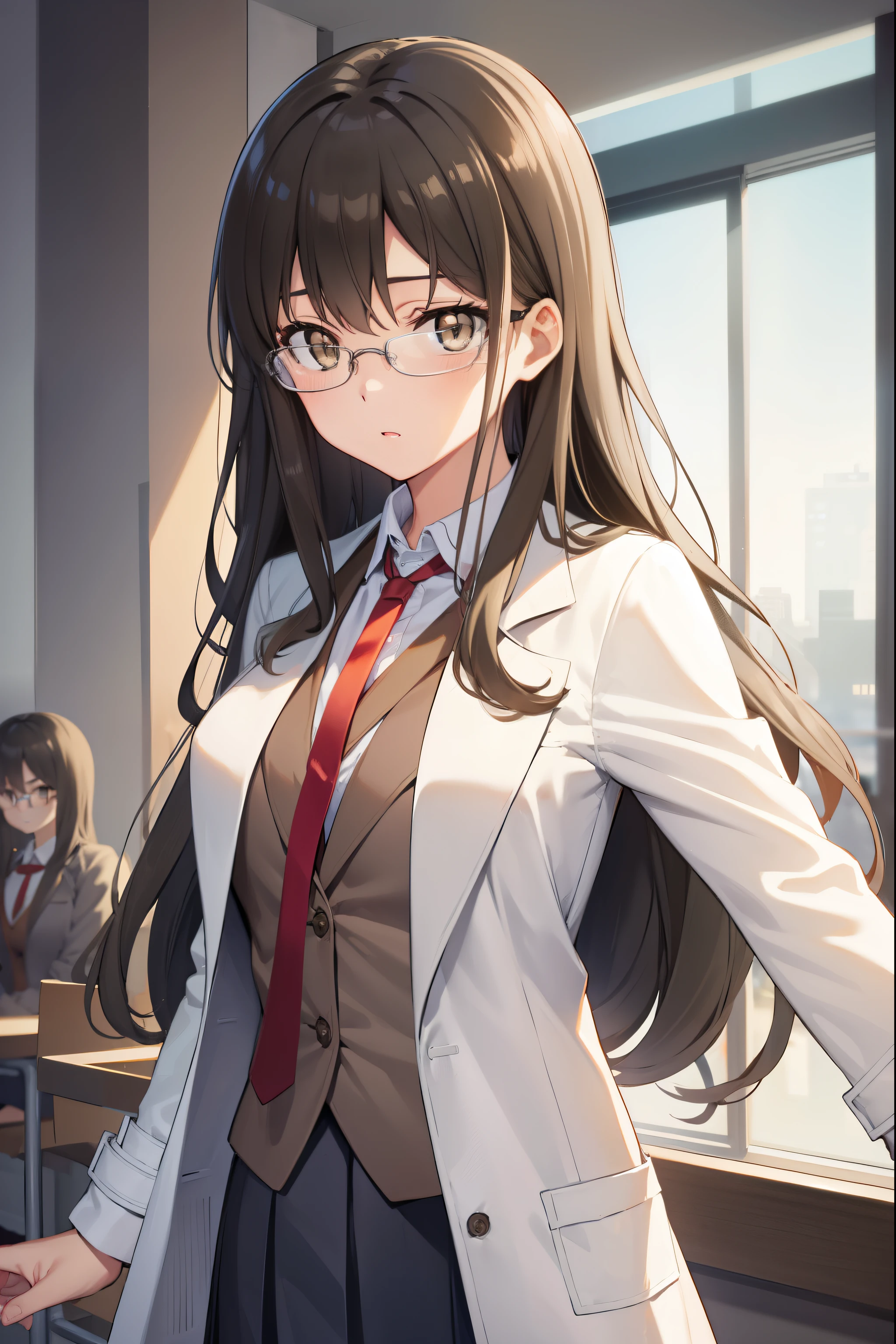 riofutaba, rio futaba, black-framed eyewear, (brown eyes:1.7), glasses, (grey hair:1.2), hair between eyes, over-rim eyewear, semi-rimless eyewear, long hair, sidelocks,
BREAK blazer, blue skirt, brown jacket, coat, collared shirt, jacket, lab coat, long sleeves, miniskirt, necktie, open clothes, open coat, pleated skirt, red necktie, school uniform, shirt, skirt, undershirt, (white coat:1.5), white shirt,
BREAK looking at viewer,
BREAK indoors, classroom,
BREAK (masterpiece:1.2), best quality, high resolution, unity 8k wallpaper, (illustration:0.8), (beautiful detailed eyes:1.6), extremely detailed face, perfect lighting, extremely detailed CG, (perfect hands, perfect anatomy),