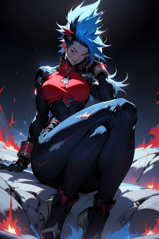 ((Best quality)), ((masterpiece)), (detailed: 1.4), (Absurd), 9full body0, muscular woman of 35 years, dark blue synthetic body, hot woman, sculptural body with defined muscles, closed mouth, muscular body wearing a micro thong, whole body covered by very dark blue clothes almost black neon style Genesis Evangelion, (((large breasts)), erect breasts, (((white mohawk hair))), (((graphic drawings of red flames covering the body))),  very long black eyelashes, heavy eye makeup, by mucha, niji --V5, near the real, psychopath, crazy face, sexy pose, 2-piece clothing, pastel, centered, scale to suit the dimensions