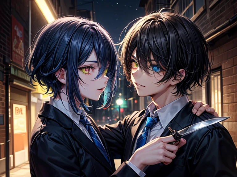 (masterpiece), best quality, high quality, dynamic light, 2 boys fight with each other, upper body, /(boy1/), (sadistic eyes, smirking, holding knife in hand), /(boy2/), (school uniform, (blue tie), (heterochromia), (blue left eye, yellow right eye:1.1), serious face, (glowing yellow eye), (hairstyle: straight), black hair, middle hair, (hair covers the eye:1.2)), night sky, dark alley, horror, from side, side view