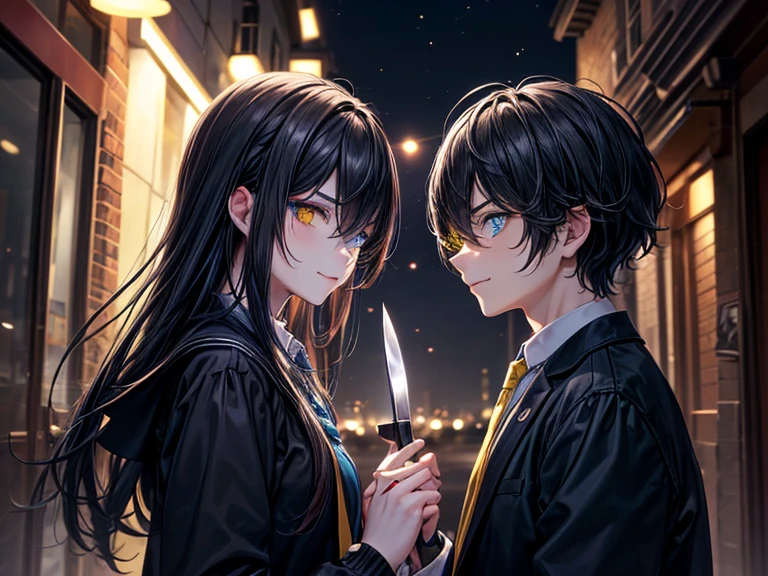 (masterpiece), best quality, high quality, dynamic light, 2 boys fight with each other, upper body, /(boy1/), (sadistic eyes, smirking, holding knife in hand), /(boy2/), (school uniform, (blue tie), (heterochromia), (blue left eye, yellow right eye:1.1), serious face, (glowing yellow eye), (hairstyle: straight), black hair, middle hair, (hair covers the eye:1.2)), night sky, dark alley, horror, from side, side view