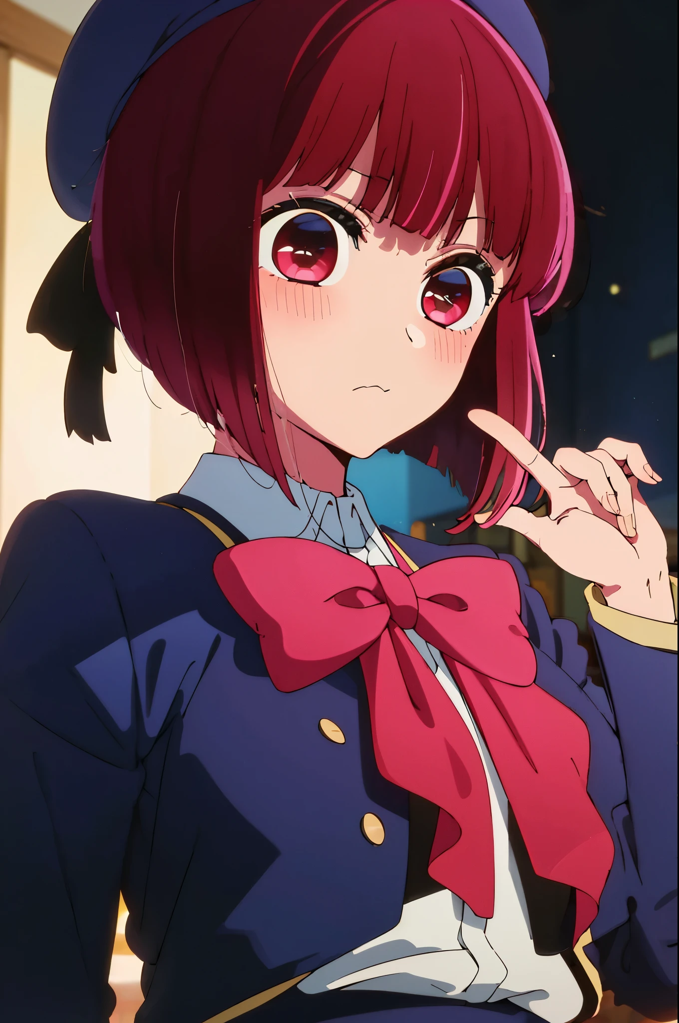 masterpiece, highest quality, ultra high resolution, highest quality, anime style, best writing, beautiful face, masterpiece, very detailed, (1 girl:1.2), redhead, school uniform, large red ribbon on the chest, Big eyes、Expressionless、morning, Exterior background,8K, short hair, beret, shining eyes, (Point to yourself:1.3), face focus