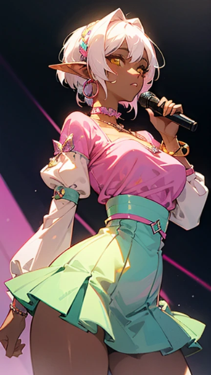 (masterpiece, best quality )detailed, 1Character , pastel washed out colors , cell shade , soft, muted shades ,gentle colors , blue archive art style,
She wears a form-fitting, sequined, and cropped top in a dazzling shade of holographic pink, The top features a high neckline and long, sheer sleeves adorned with intricate beadwork and sequins, high-waisted, flared mini skirt in a matching holographic pink material, The skirt adorned with layers of translucent tulle, oversized hoop earrings, a collection of colorful bracelets, and a choker with a microphone pendant,
Beautiful woman, ((dark skin )) , white hair , elf ears , yellow eyes , large chest . Age 25