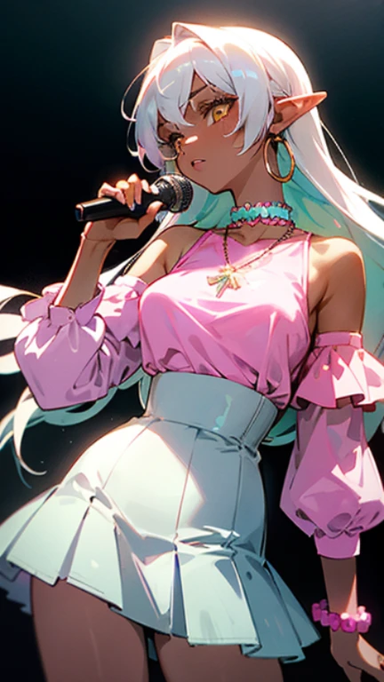(masterpiece, best quality )detailed, 1Character , pastel washed out colors , cell shade , soft, muted shades ,gentle colors , blue archive art style,
She wears a form-fitting, sequined, and cropped top in a dazzling shade of holographic pink, The top features a high neckline and long, sheer sleeves adorned with intricate beadwork and sequins, high-waisted, flared mini skirt in a matching holographic pink material, The skirt adorned with layers of translucent tulle, oversized hoop earrings, a collection of colorful bracelets, and a choker with a microphone pendant,
Beautiful woman, ((dark skin )) , white hair , elf ears , yellow eyes , large chest . Age 25