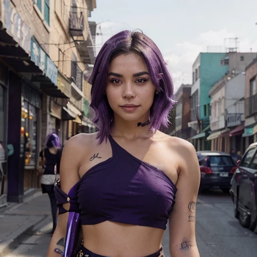 edgy urban mexican girl, ((shoulder length purple hair)), dark green eyes, smile, tasteful tattoos, shiny eyes, ((crop top)), warm color palette, walking towards viewer, urban background with cafe scene, sunny afternoon, wearing bikini,