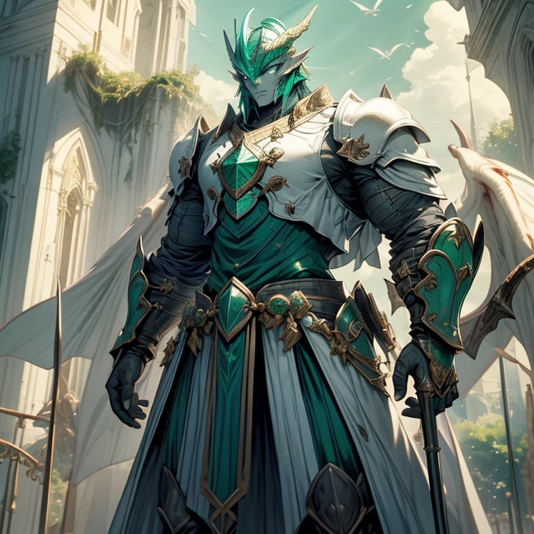 Acenandoth, a Dragonborn cleric, stands tall with emerald-green scales that shimmer in the light. His robust physique exudes strength, complemented by a regal bearing. His eyes, a piercing gold, reflect wisdom acquired through years of devout service.