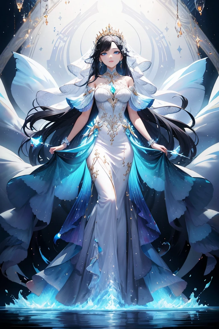 masterpiece, wrenchfaeflare, glowing, 1girl, embroidery, accessories, necklace, earrings, geometric pattern, white theme, white dress, light smile, black hair, veil, blue eyes, reflection, water, gem, long hair, floating hair, dynamic pose