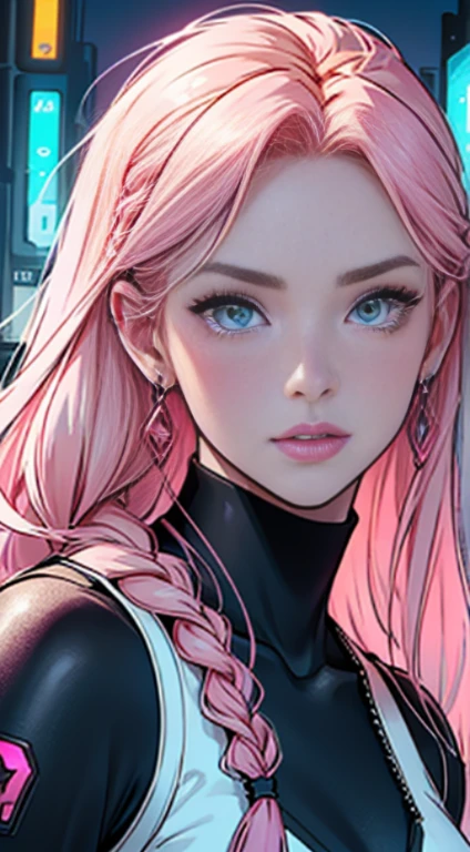 Rosé by Blackpink: Rosé has a lovely and radiant appearance. Her hair often dyed in blonde or pink hues, and she likes to experiment with different styles, such as soft waves or delicate braids. His eyes are large and expressive, with perfectly arched eyebrows. Rosé has a clear and luminous skin, with slightly pink cheeks. Their lips are pink and have a naturally beautiful shape. She has a soft and captivating beauty. 1girl, solo, colorful, cyberpunk, city, peace sign, earrings, neon, beautiful lighting, purple reflection, cap, character focus, cg illustration