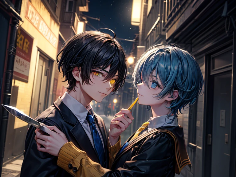 (masterpiece), best quality, high quality, dynamic light,  (2 boys fight with each other), upper body, /(boy1/), (sadistic eyes, smirking, holding knife in hand), /(boy2/), (school uniform, (blue tie), (heterochromia), (blue left eye, yellow right eye:1.1), serious face, (glowing yellow eye), (hairstyle: straight), black hair, middle hair, (hair covers the eye:1.2)), night sky, dark alley, horror, from side, side view 