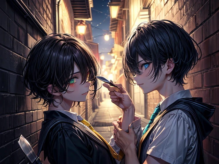 (masterpiece), best quality, high quality, dynamic light,  (2 boys fight with each other), upper body, /(boy1/), (sadistic eyes, smirking, holding knife in hand), /(boy2/), (school uniform, (blue tie), (heterochromia), (blue left eye, yellow right eye:1.1), serious face, (glowing yellow eye), (hairstyle: straight), black hair, middle hair, (hair covers the eye:1.2)), night sky, dark alley, horror, from side, side view 
