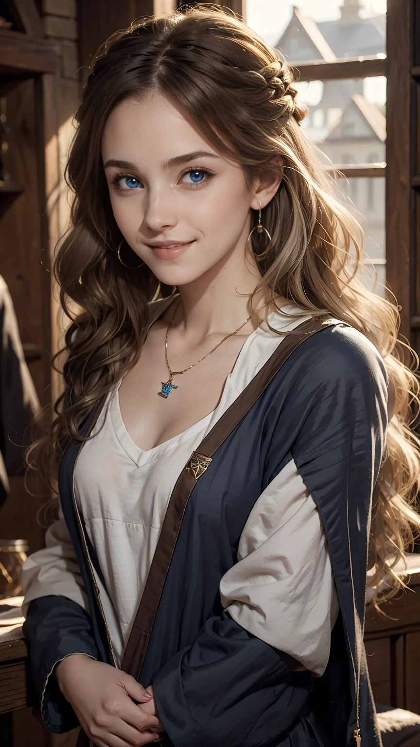 22 year old white female、Hair color is brunette、blue eyes、long hair、The ends of the hair are wavy、setting hair、accessories on wrist、wearing a necklace、has earrings、skin is smooth、Slender but muscular body、smile、Dressed as Hermione Granger、I have a wizard&#39;s wand
