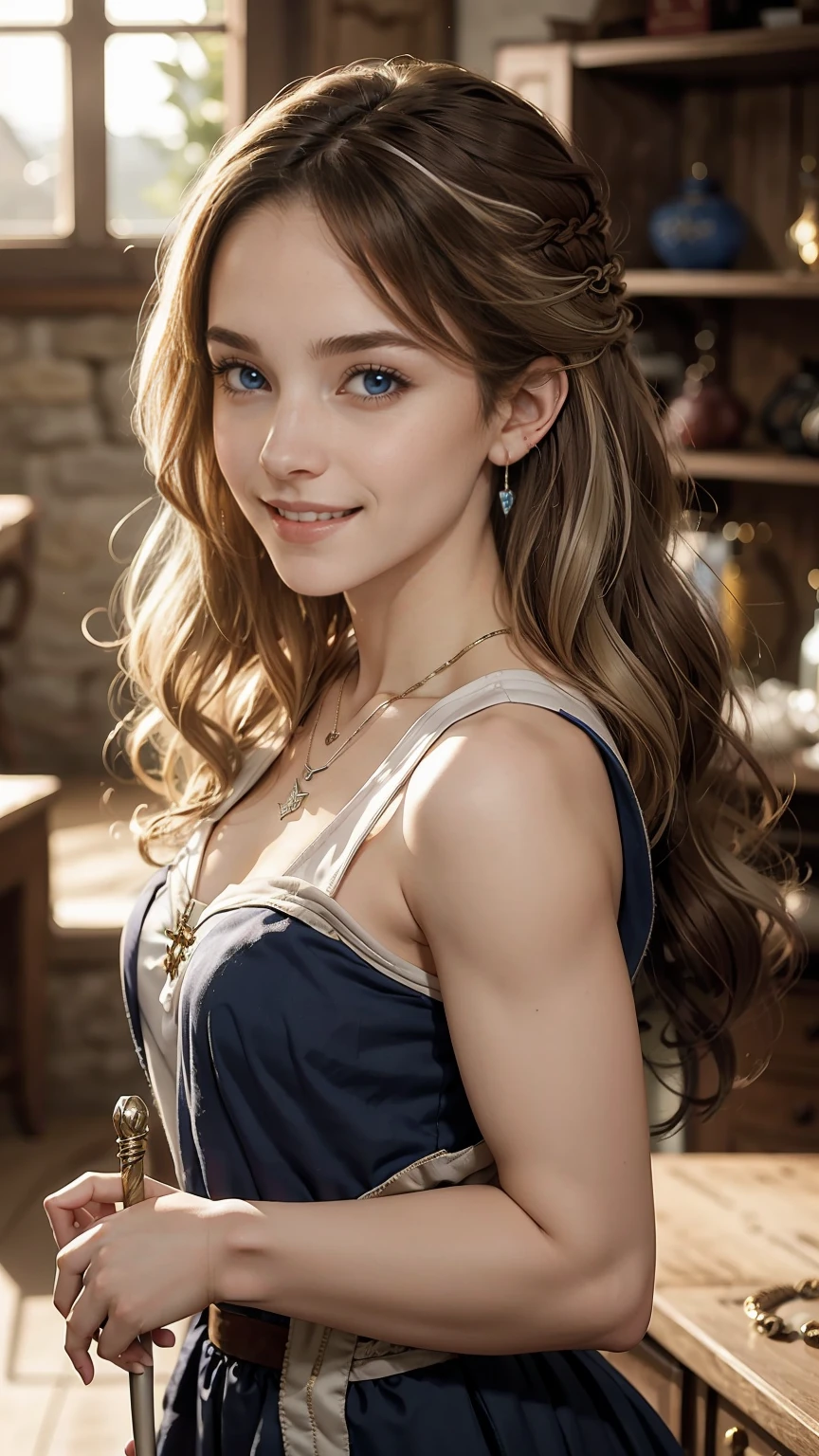 22 year old white female、Hair color is brunette、blue eyes、long hair、The ends of the hair are wavy、setting hair、accessories on wrist、wearing a necklace、has earrings、skin is smooth、Slender but muscular body、smile、Dressed as Hermione Granger、I have a wizard&#39;s wand