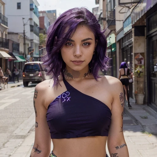 edgy urban mexican girl, ((shoulder length purple hair)), dark green eyes, smile, tasteful tattoos, shiny eyes, ((crop top)), warm color palette, walking towards viewer, urban background with cafe scene, sunny afternoon, wearing bikini, bikini