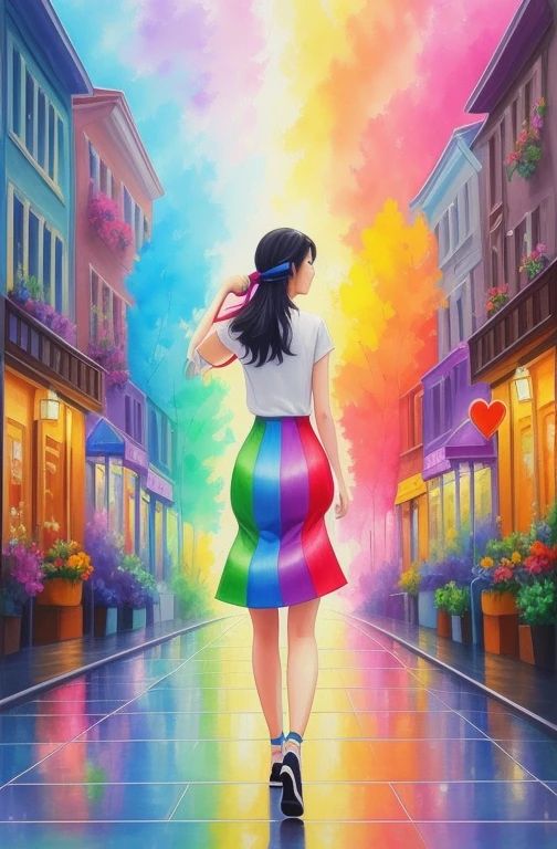 painting of a woman walking down a street holding a rainbow heart, lgbt art, colorful art, beautiful art uhd 4 k, colorful picture, beautiful digital art, beautiful gorgeous digital art, beautiful digital artwork, painted in bright water colors, beautiful color art!, beautiful art, beautiful artwork, stunning art, a beautiful artwork illustration, by Yuumei, beautiful and colorful